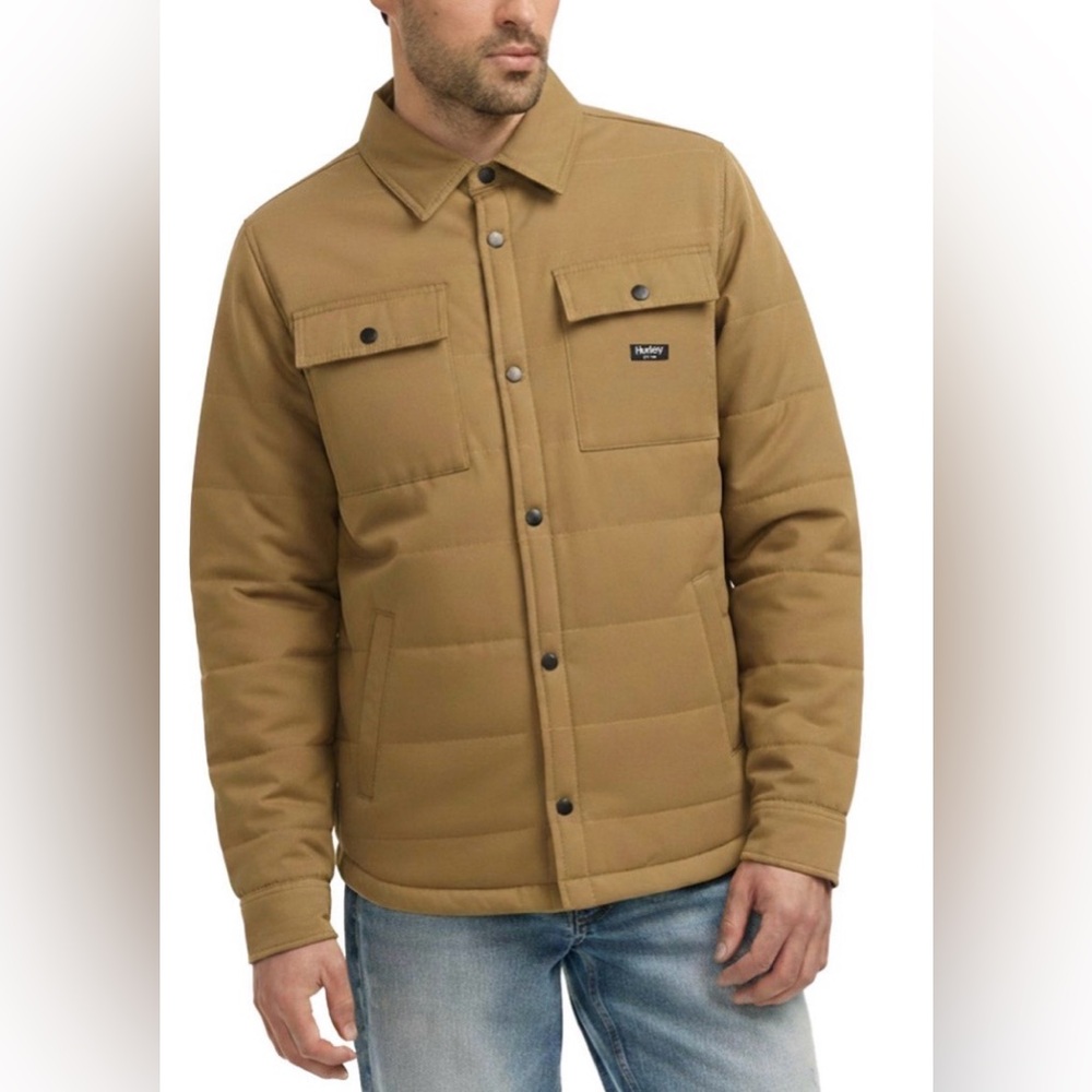 Hurley Work Shirt Jacket Men’s L Tan Black Fleece Lining Pockets Snap Front NEW